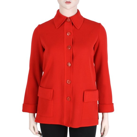 L XL Vintage 60s Gold Crown Le Roy Red Double Knit Simple Mod Cardigan w Pockets - Picture 2 of 9